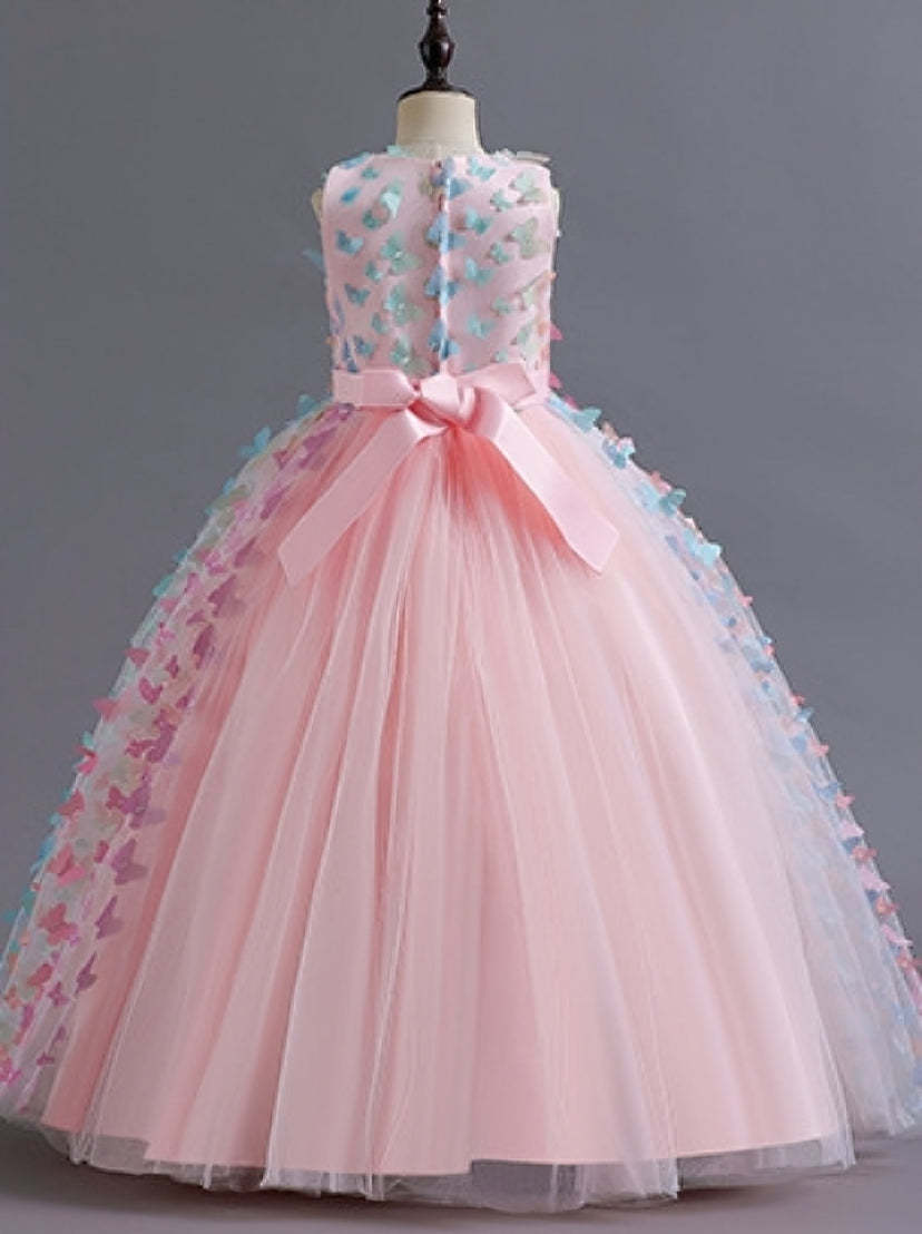 Sleeveless Scoop Neck Floor-Length Ball Gown with 3D Butterfly for Flower Girls