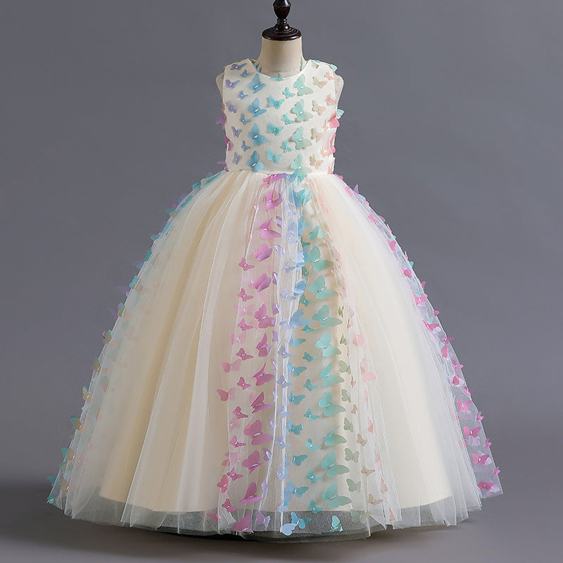 Sleeveless Scoop Neck Floor-Length Ball Gown with 3D Butterfly for Flower Girls