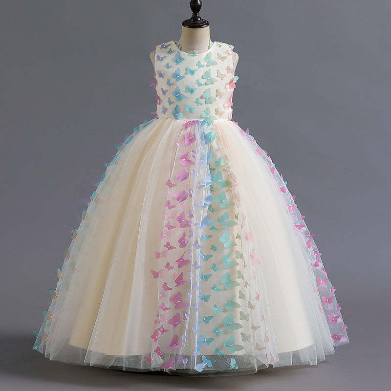 Sleeveless Scoop Neck Floor-Length Ball Gown with 3D Butterfly for Flower Girls