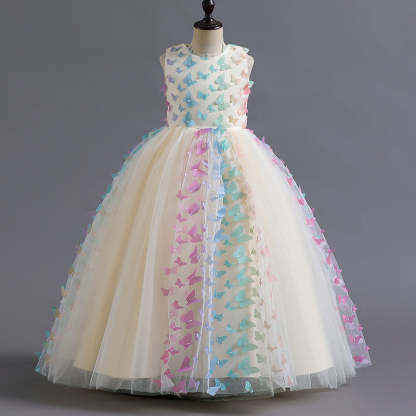 Sleeveless Scoop Neck Floor-Length Ball Gown with 3D Butterfly for Flower Girls