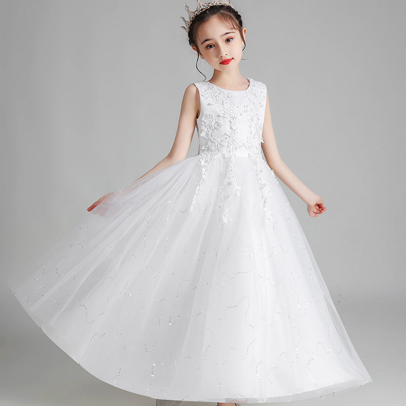 Sleeveless Scoop Neck A-Line Princess Tulle Flower Girl Dress with Lace Appliques and Ruffles