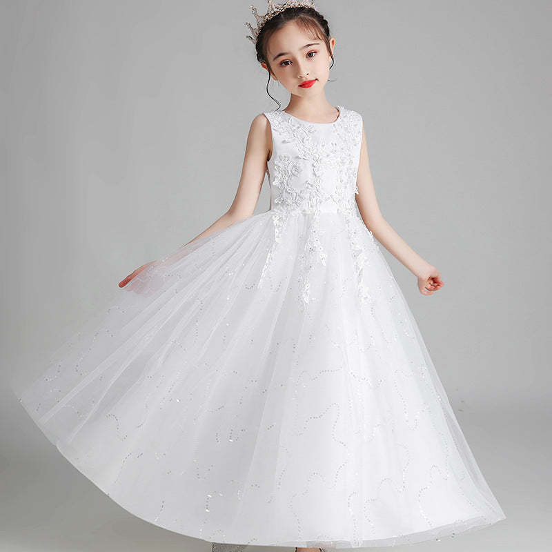 Sleeveless Scoop Neck A-Line Princess Tulle Flower Girl Dress with Lace Appliques and Ruffles