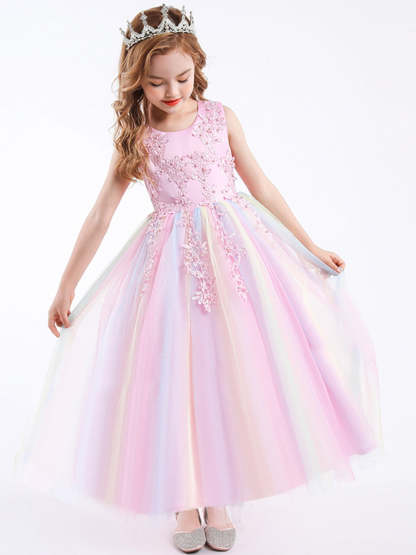Sleeveless Scoop Neck A-Line Princess Tulle Flower Girl Dress with Lace Appliques and Ruffles