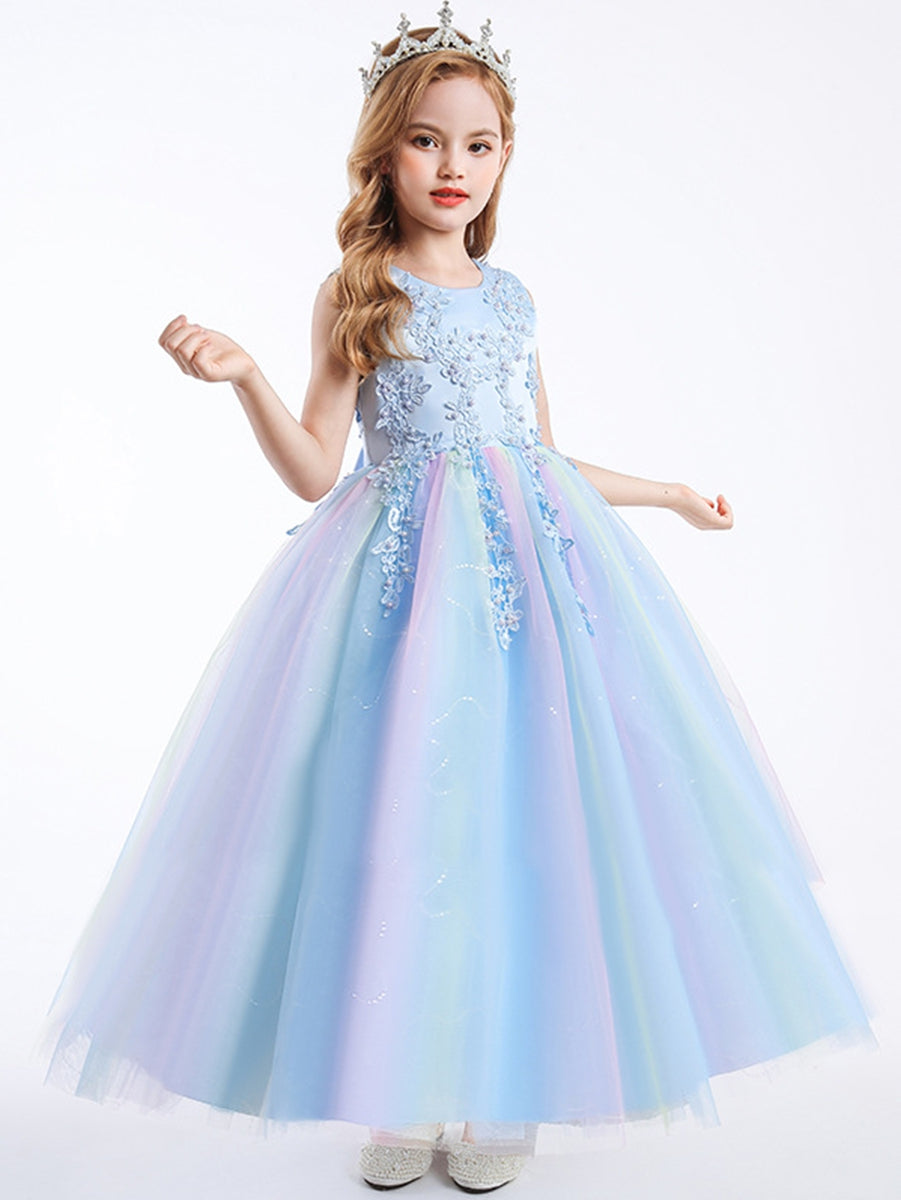 Sleeveless Scoop Neck A-Line Princess Tulle Flower Girl Dress with Lace Appliques and Ruffles