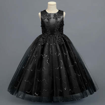 Sleeveless Scoop Neck A-Line Princess Tulle Flower Girl Dress with Lace Appliques and Ruffles