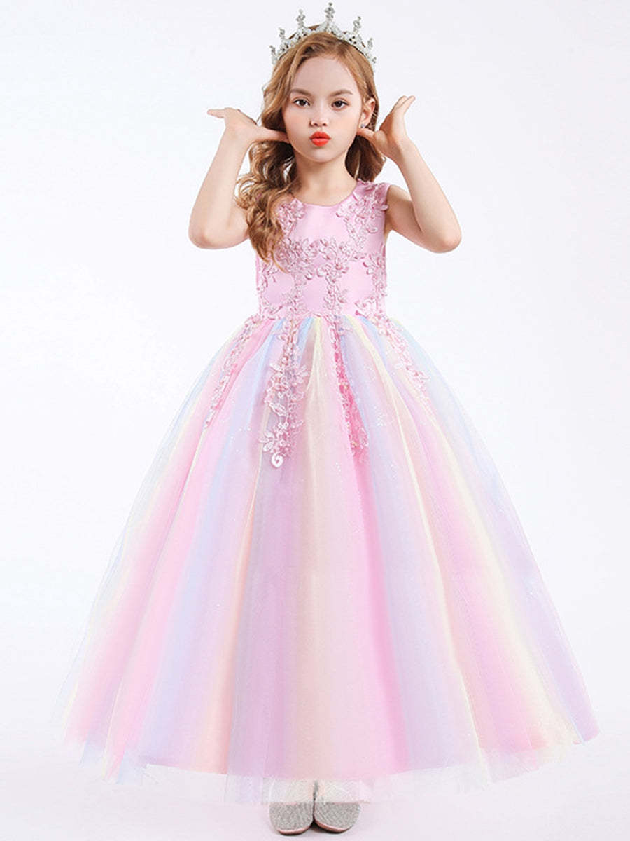 Sleeveless Scoop Neck A-Line Princess Tulle Flower Girl Dress with Lace Appliques and Ruffles