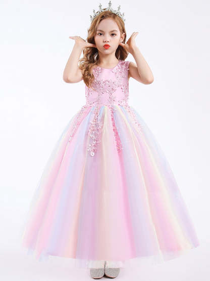 Sleeveless Scoop Neck A-Line Princess Tulle Flower Girl Dress with Lace Appliques and Ruffles