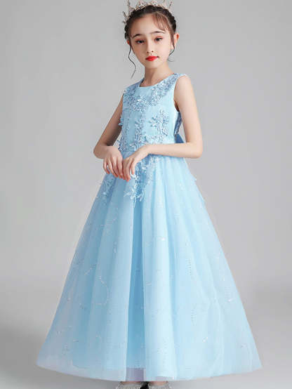 Sleeveless Scoop Neck A-Line Princess Tulle Flower Girl Dress with Lace Appliques and Ruffles