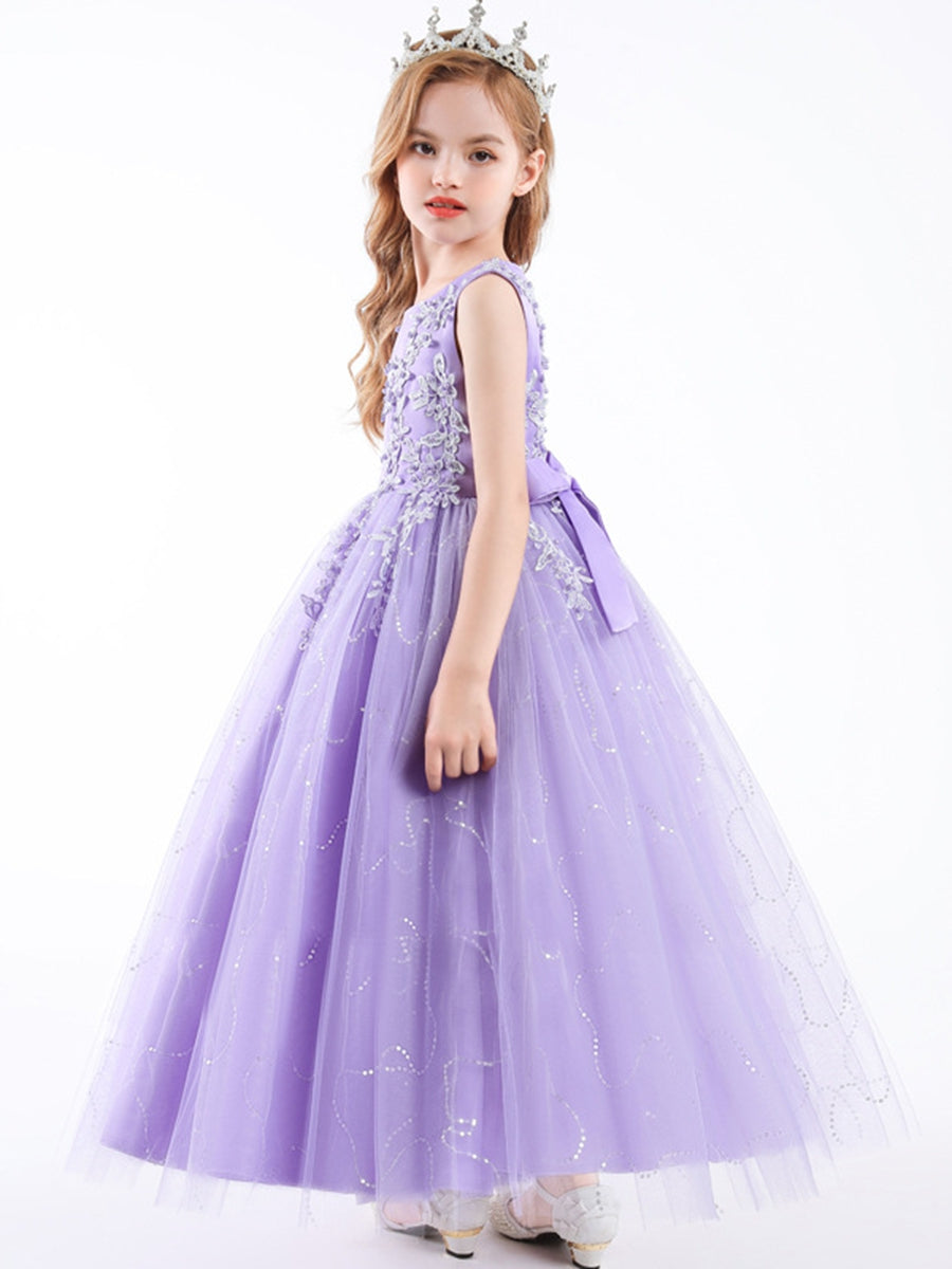 Sleeveless Scoop Neck A-Line Princess Tulle Flower Girl Dress with Lace Appliques and Ruffles