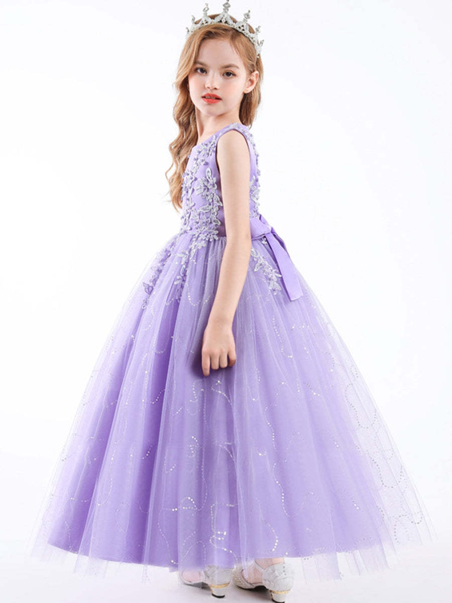 Sleeveless Scoop Neck A-Line Princess Tulle Flower Girl Dress with Lace Appliques and Ruffles