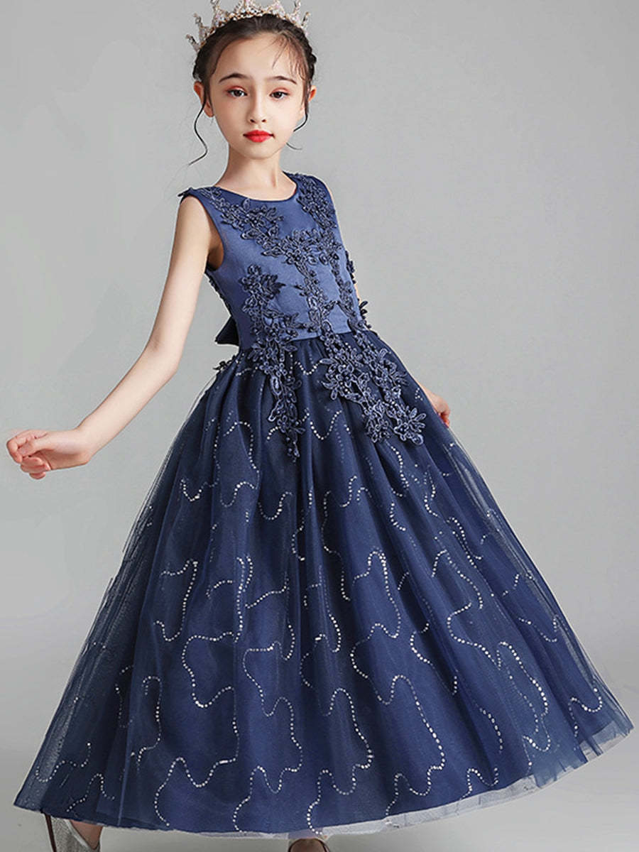 Sleeveless Scoop Neck A-Line Princess Tulle Flower Girl Dress with Lace Appliques and Ruffles