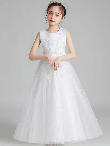 Sleeveless Scoop Neck A-Line Princess Tulle Flower Girl Dress with Lace Appliques and Ruffles