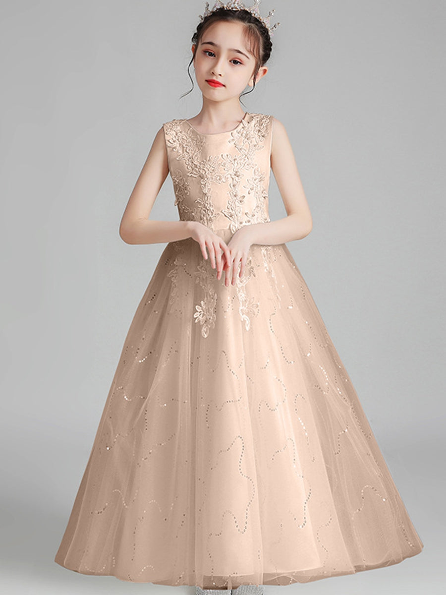 Sleeveless Scoop Neck A-Line Princess Tulle Flower Girl Dress with Lace Appliques and Ruffles