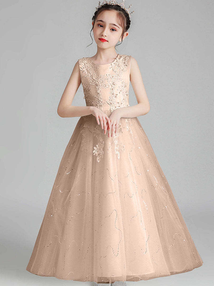 Sleeveless Scoop Neck A-Line Princess Tulle Flower Girl Dress with Lace Appliques and Ruffles
