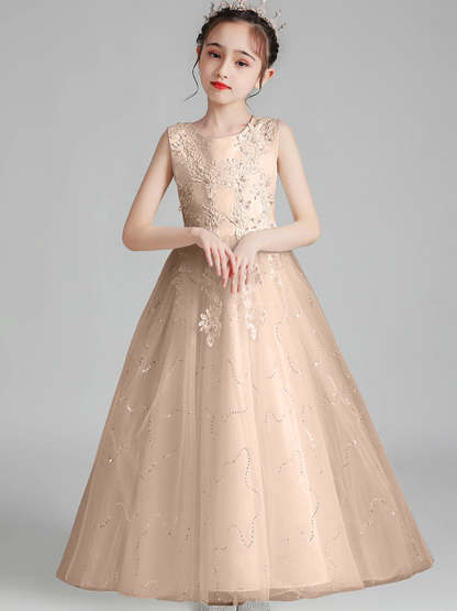 Sleeveless Scoop Neck A-Line Princess Tulle Flower Girl Dress with Lace Appliques and Ruffles