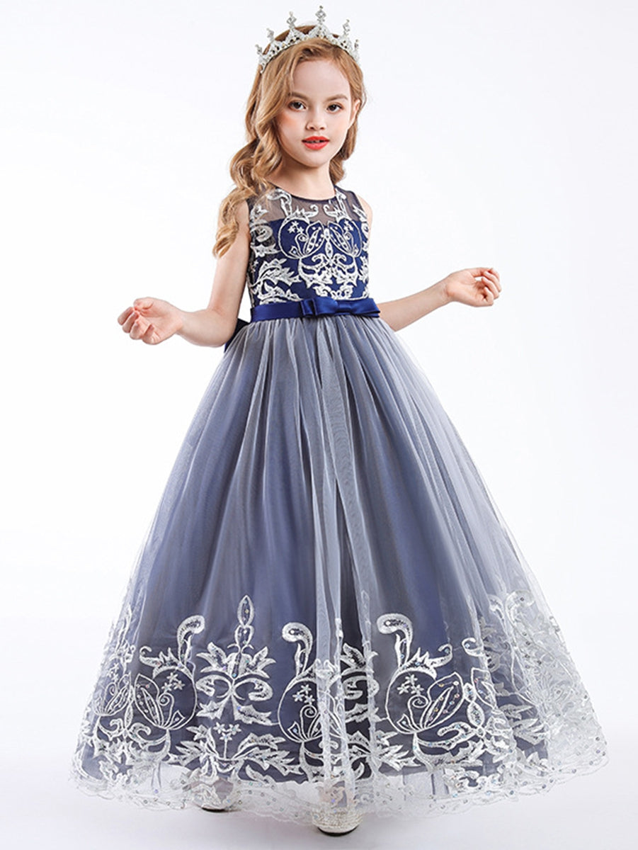 Sleeveless Scoop Neck A-Line Princess Tulle Dress for Flower Girls Featuring Lace Appliques and a Bow-BMbridal.UK