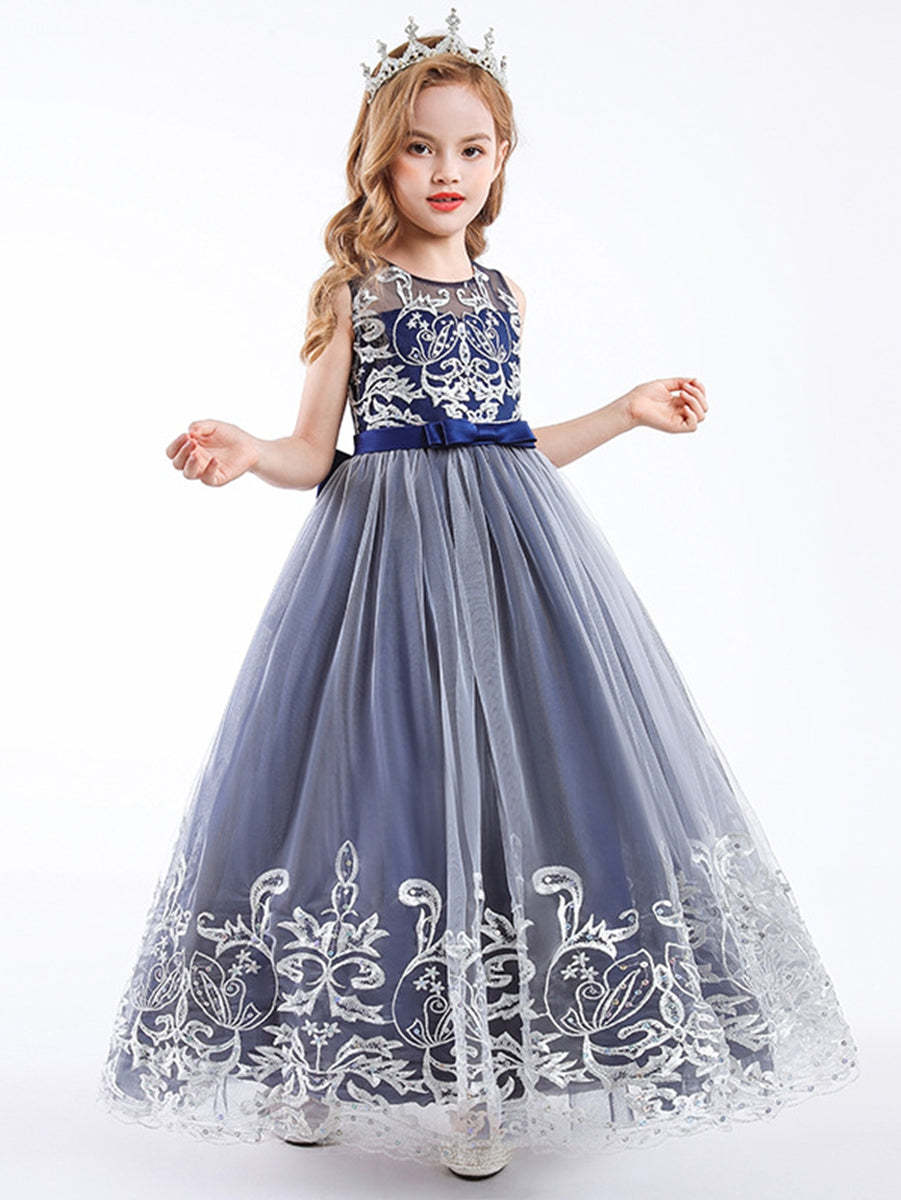 Sleeveless Scoop Neck A-Line Princess Tulle Dress for Flower Girls Featuring Lace Appliques and a Bow-BMbridal.UK