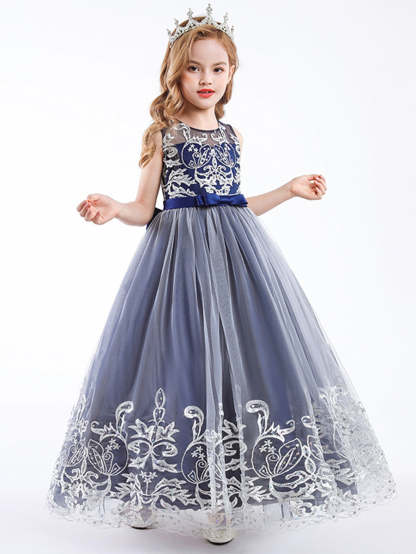 Sleeveless Scoop Neck A-Line Princess Tulle Dress for Flower Girls Featuring Lace Appliques and a Bow-BMbridal.UK