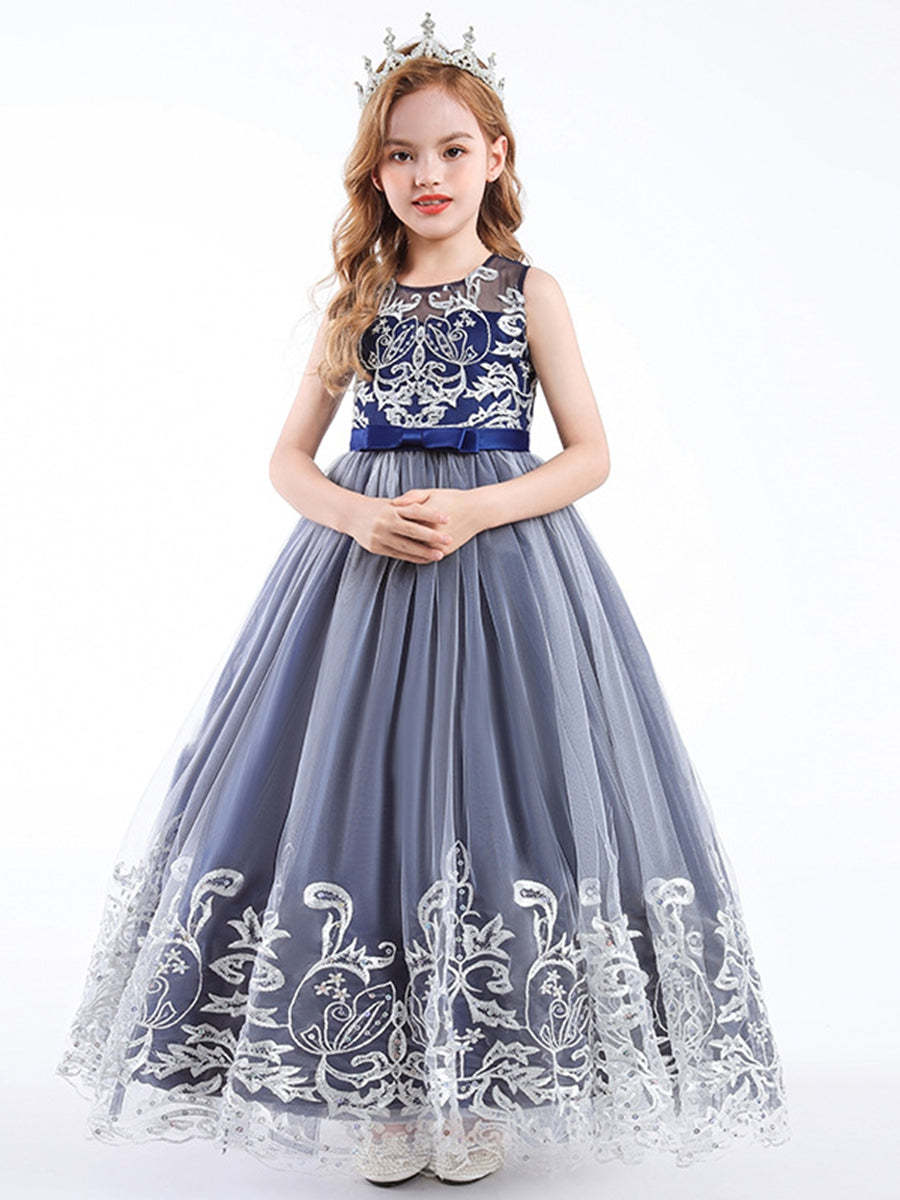 Sleeveless Scoop Neck A-Line Princess Tulle Dress for Flower Girls Featuring Lace Appliques and a Bow-BMbridal.UK