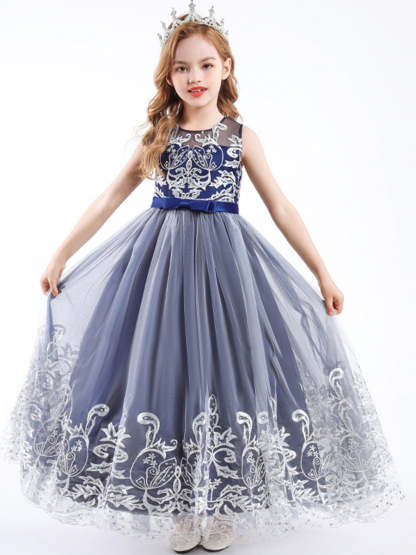 Sleeveless Scoop Neck A-Line Princess Tulle Dress for Flower Girls Featuring Lace Appliques and a Bow-BMbridal.UK