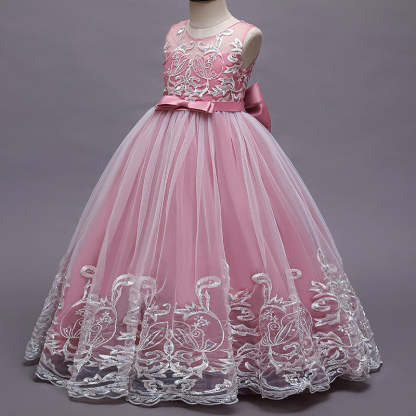Sleeveless Scoop Neck A-Line Princess Tulle Dress for Flower Girls Featuring Lace Appliques and a Bow-BMbridal.UK