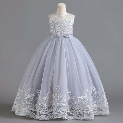 Sleeveless Scoop Neck A-Line Princess Tulle Dress for Flower Girls Featuring Lace Appliques and a Bow-BMbridal.UK