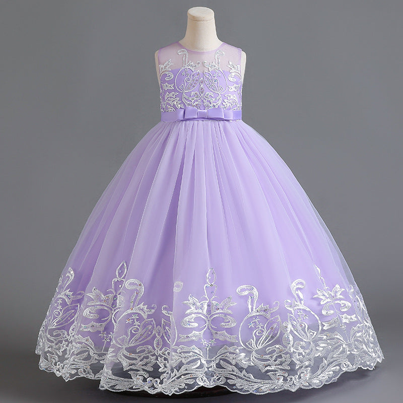 Sleeveless Scoop Neck A-Line Princess Tulle Dress for Flower Girls Featuring Lace Appliques and a Bow-BMbridal.UK