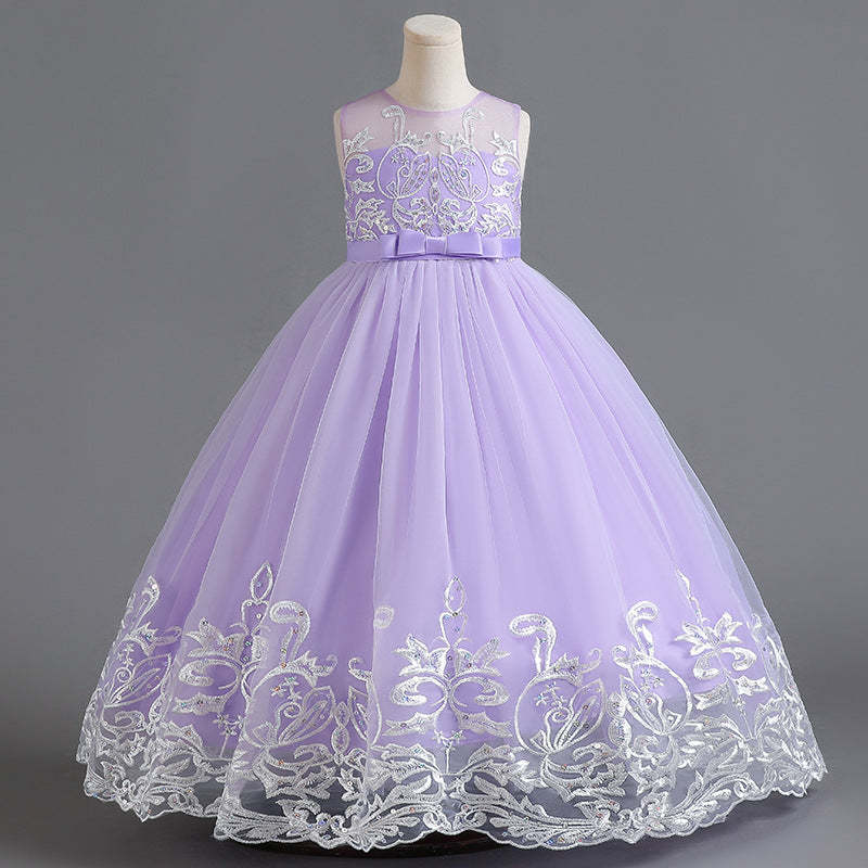 Sleeveless Scoop Neck A-Line Princess Tulle Dress for Flower Girls Featuring Lace Appliques and a Bow-BMbridal.UK