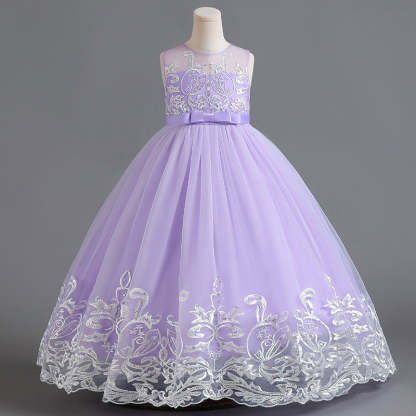 Sleeveless Scoop Neck A-Line Princess Tulle Dress for Flower Girls Featuring Lace Appliques and a Bow-BMbridal.UK