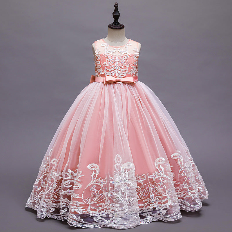 Sleeveless Scoop Neck A-Line Princess Tulle Dress for Flower Girls Featuring Lace Appliques and a Bow-BMbridal.UK