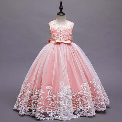 Sleeveless Scoop Neck A-Line Princess Tulle Dress for Flower Girls Featuring Lace Appliques and a Bow-BMbridal.UK