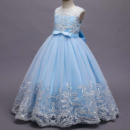 Sleeveless Scoop Neck A-Line Princess Tulle Dress for Flower Girls Featuring Lace Appliques and a Bow-BMbridal.UK