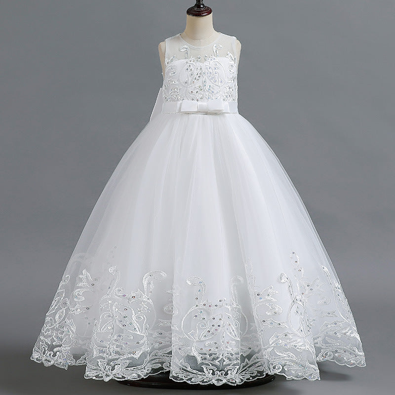 Sleeveless Scoop Neck A-Line Princess Tulle Dress for Flower Girls Featuring Lace Appliques and a Bow-BMbridal.UK