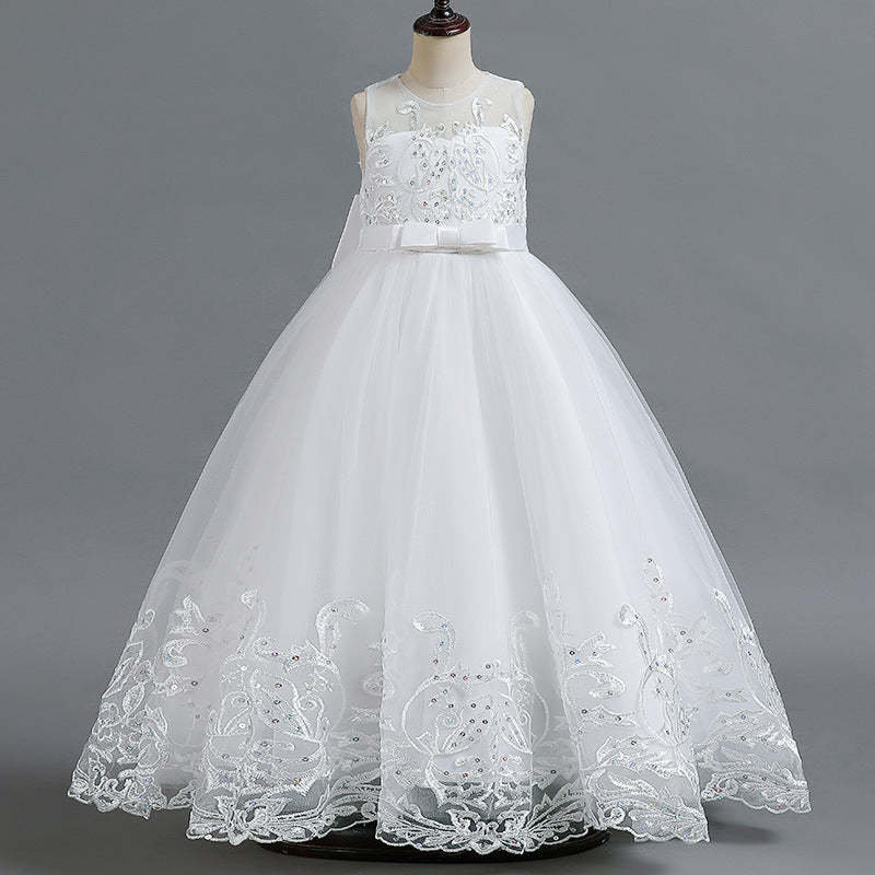 Sleeveless Scoop Neck A-Line Princess Tulle Dress for Flower Girls Featuring Lace Appliques and a Bow-BMbridal.UK