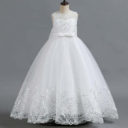 Sleeveless Scoop Neck A-Line Princess Tulle Dress for Flower Girls Featuring Lace Appliques and a Bow-BMbridal.UK