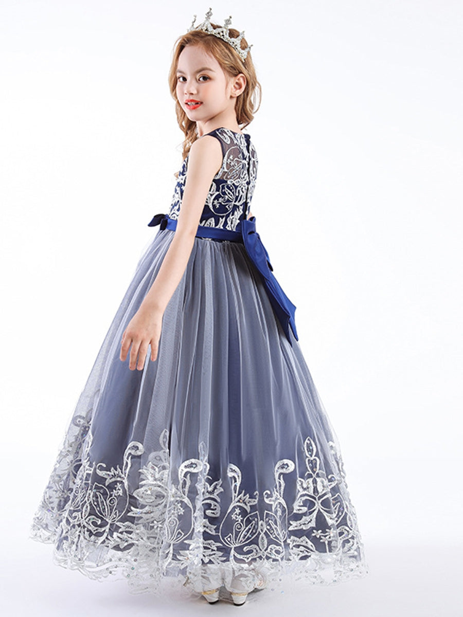 Sleeveless Scoop Neck A-Line Princess Tulle Dress for Flower Girls Featuring Lace Appliques and a Bow-BMbridal.UK