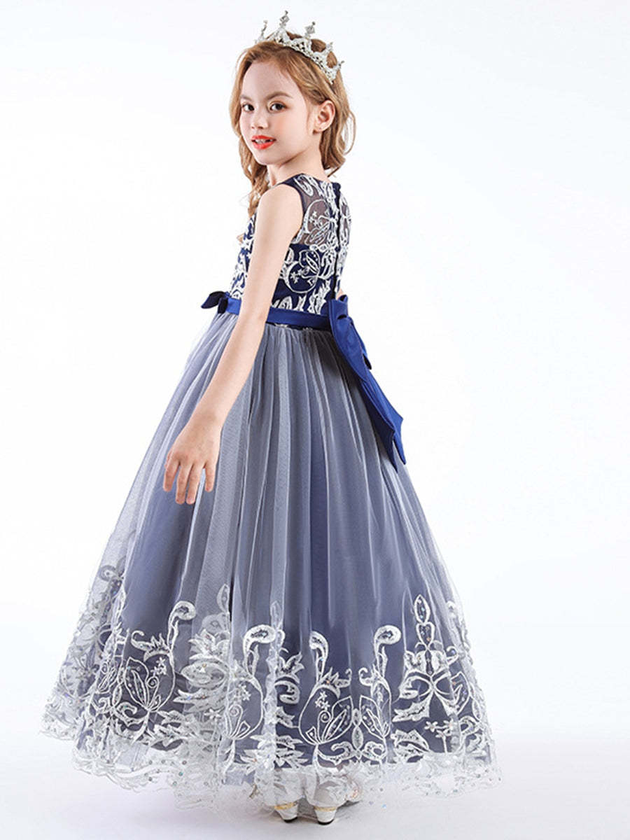 Sleeveless Scoop Neck A-Line Princess Tulle Dress for Flower Girls Featuring Lace Appliques and a Bow-BMbridal.UK