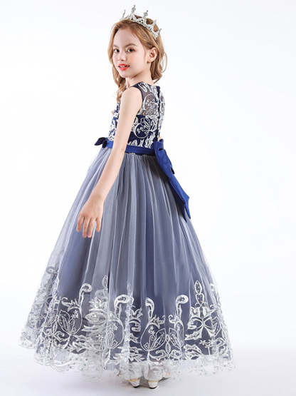 Sleeveless Scoop Neck A-Line Princess Tulle Dress for Flower Girls Featuring Lace Appliques and a Bow-BMbridal.UK