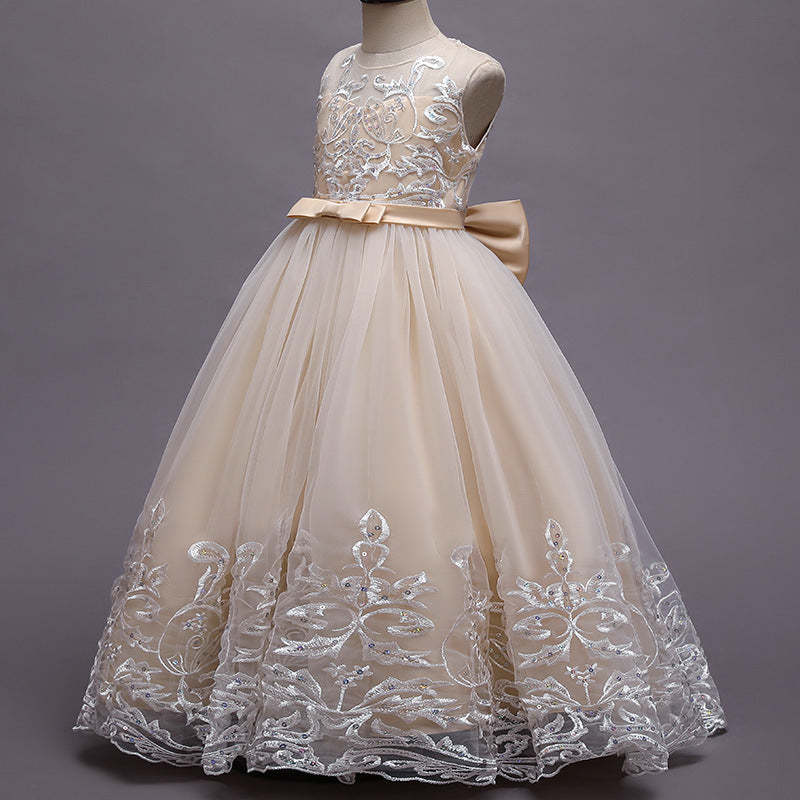 Sleeveless Scoop Neck A-Line Princess Tulle Dress for Flower Girls Featuring Lace Appliques and a Bow-BMbridal.UK