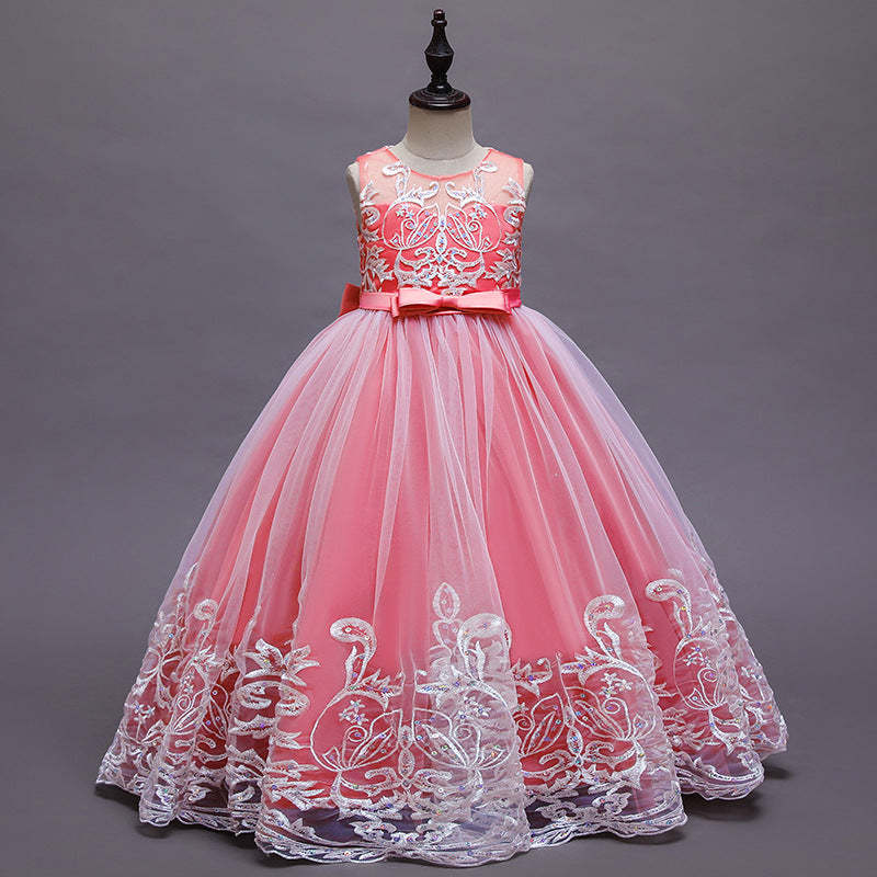 Sleeveless Scoop Neck A-Line Princess Tulle Dress for Flower Girls Featuring Lace Appliques and a Bow-BMbridal.UK