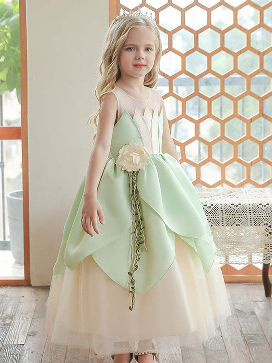 Sleeveless Scoop Neck Ball Gown for Flower Girls with Ruffles and Floral Belt