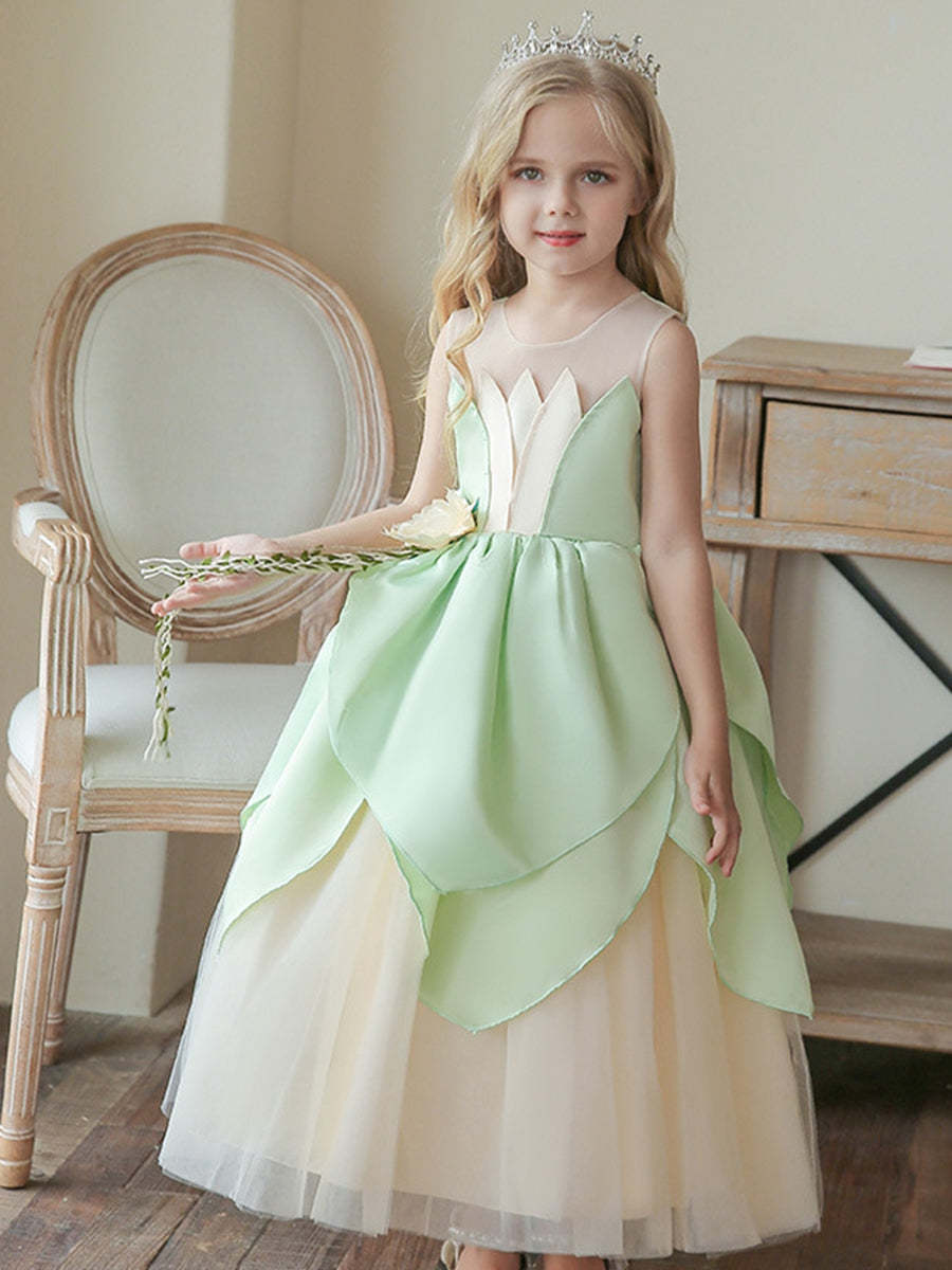 Sleeveless Scoop Neck Ball Gown for Flower Girls with Ruffles and Floral Belt
