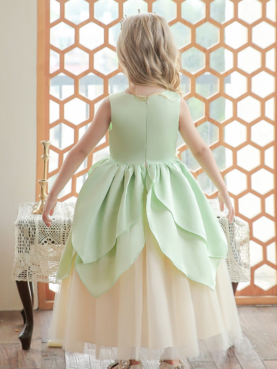 Sleeveless Scoop Neck Ball Gown for Flower Girls with Ruffles and Floral Belt