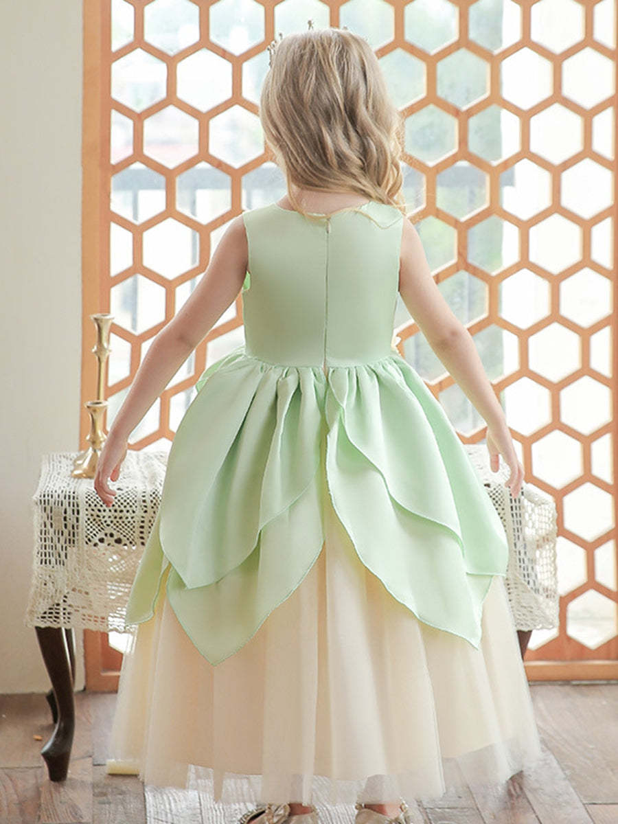 Sleeveless Scoop Neck Ball Gown for Flower Girls with Ruffles and Floral Belt