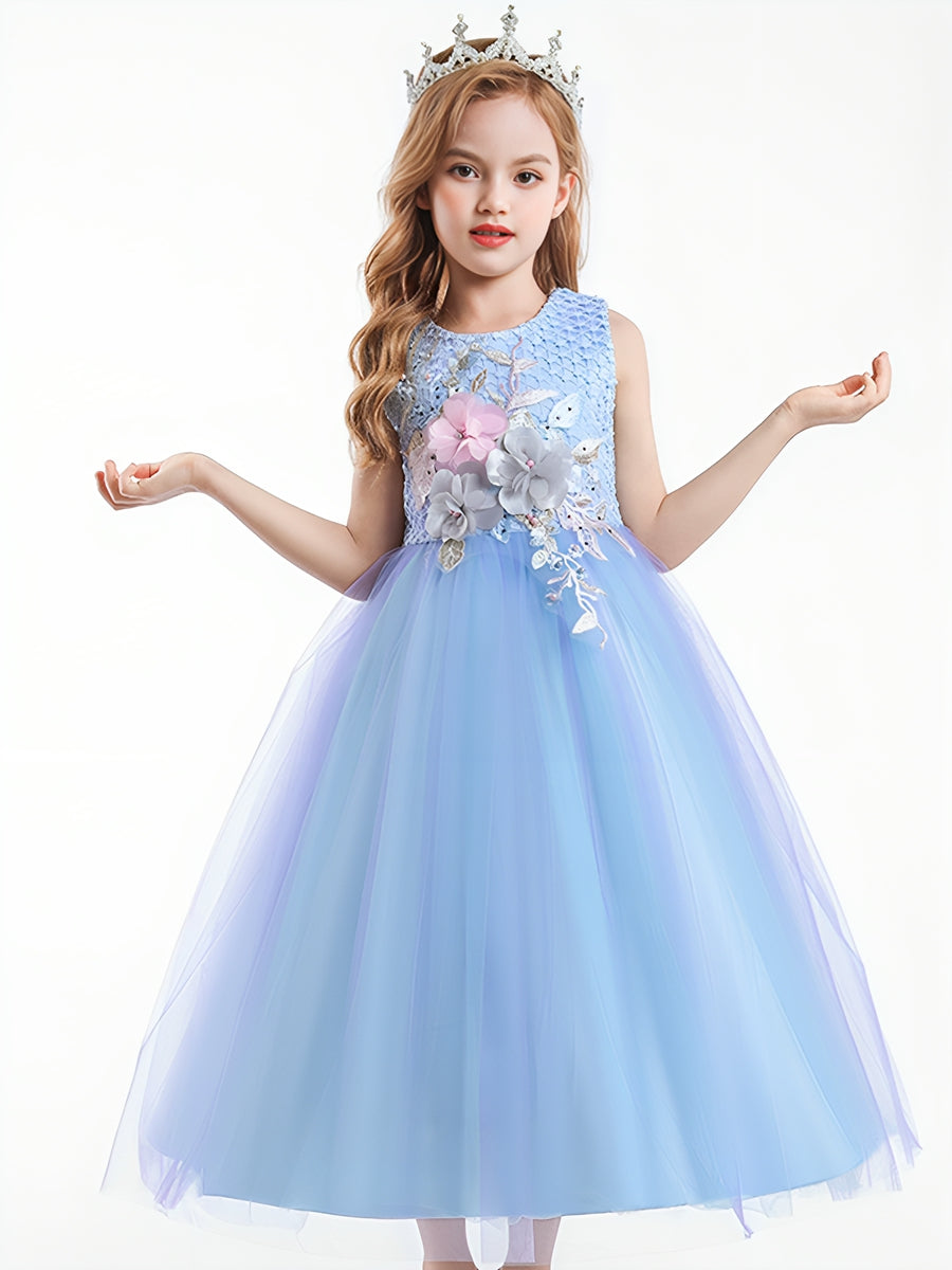 Sleeveless Scoop Neck Gradient Tulle Ball Gown with Flower Appliques & Embroidery