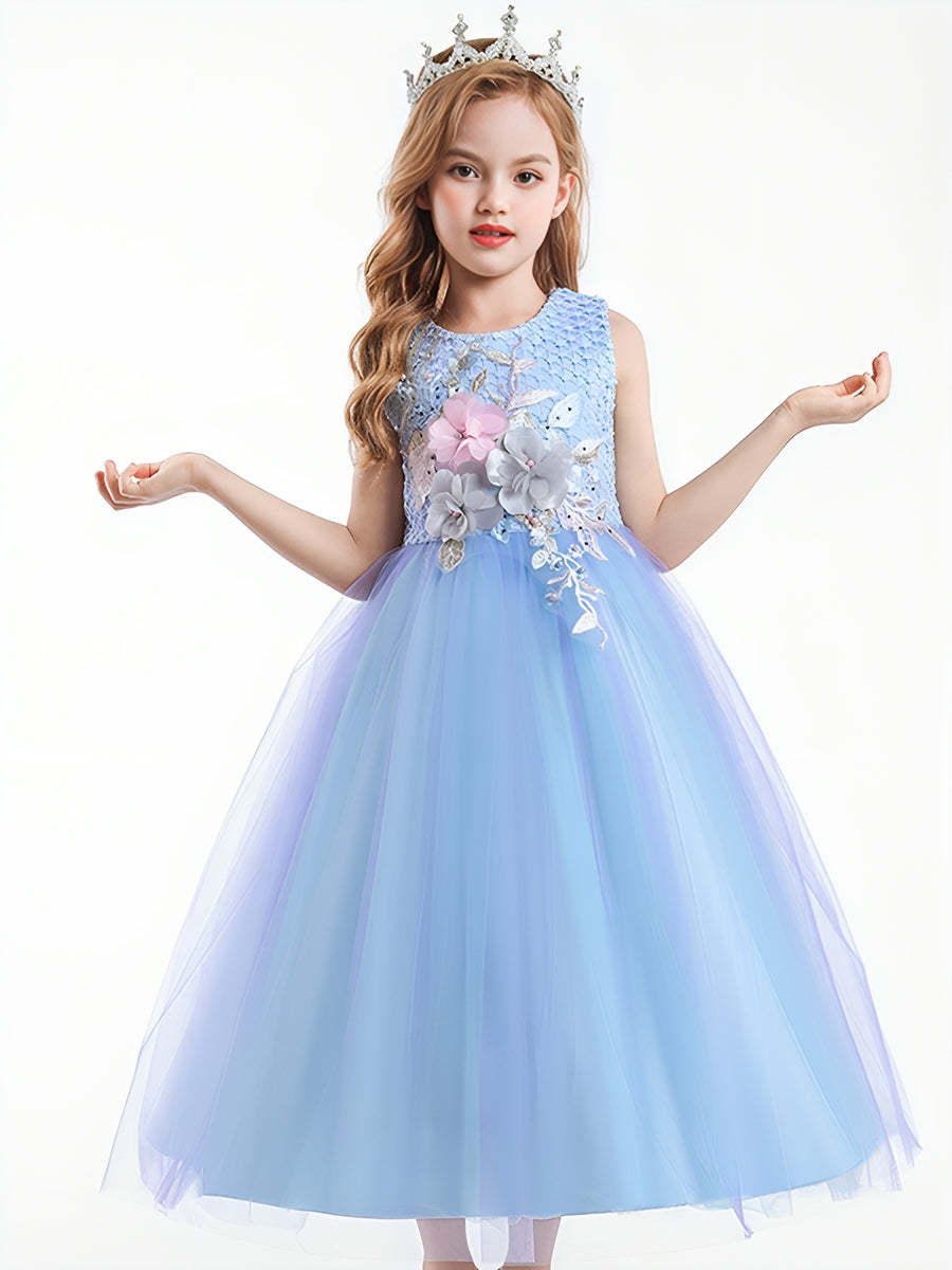 Sleeveless Scoop Neck Gradient Tulle Ball Gown with Flower Appliques & Embroidery
