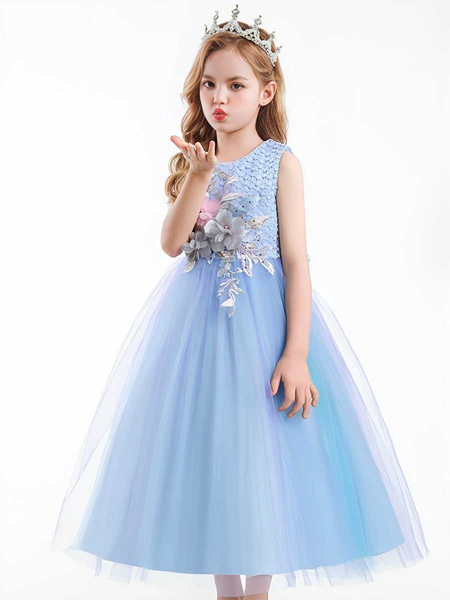 Sleeveless Scoop Neck Gradient Tulle Ball Gown with Flower Appliques & Embroidery