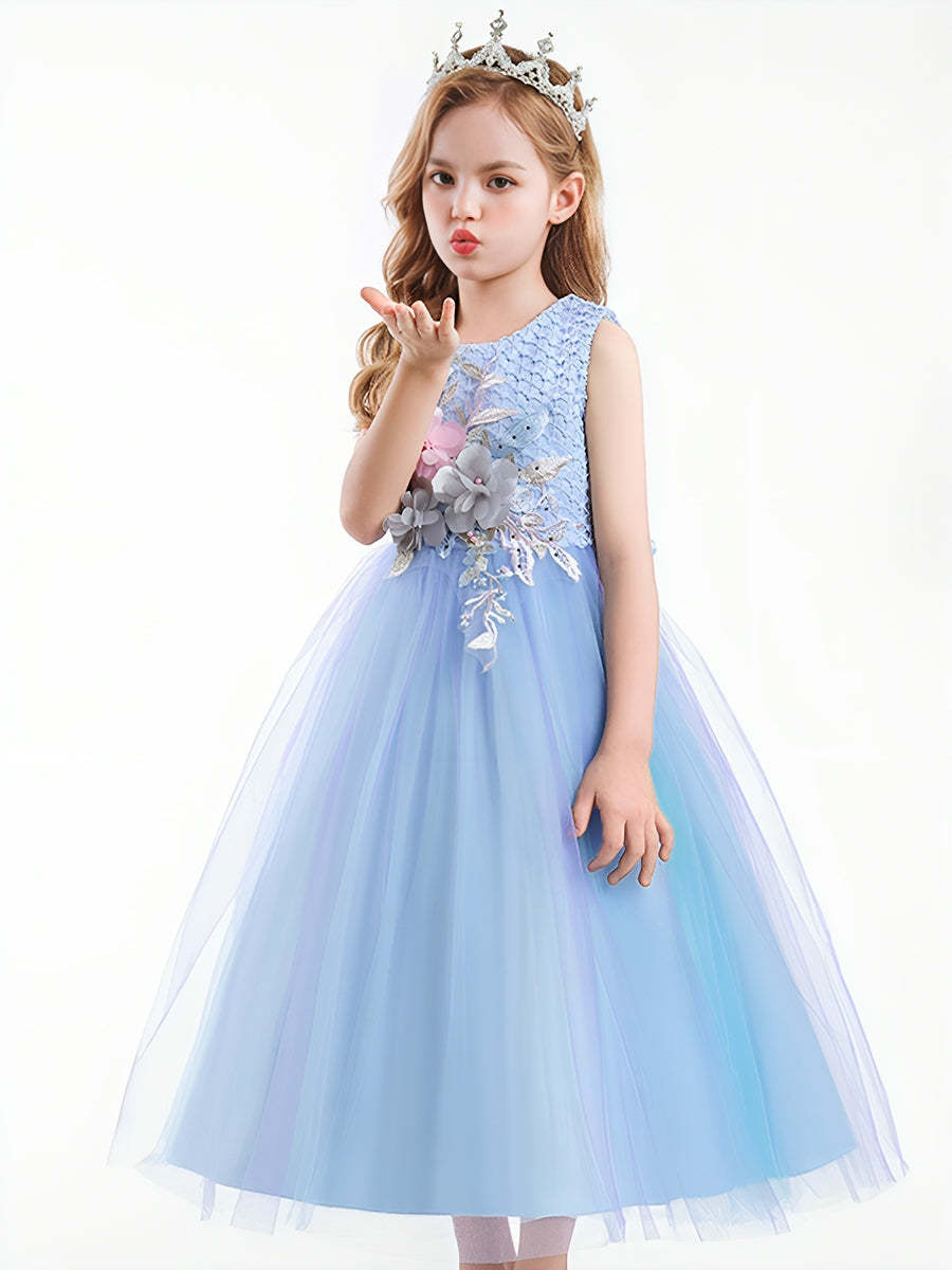 Sleeveless Scoop Neck Gradient Tulle Ball Gown with Flower Appliques & Embroidery