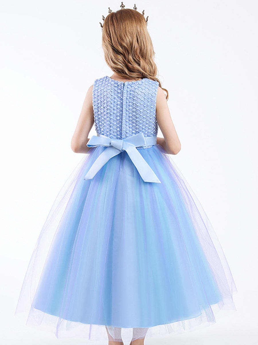 Sleeveless Scoop Neck Gradient Tulle Ball Gown with Flower Appliques & Embroidery