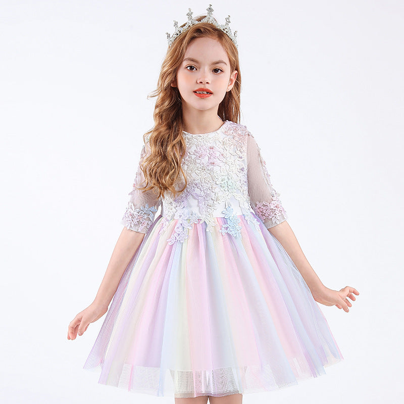 Scoop Neck Tulle Flower Girl Ball Gown with Half Sleeves Appliques & Bow